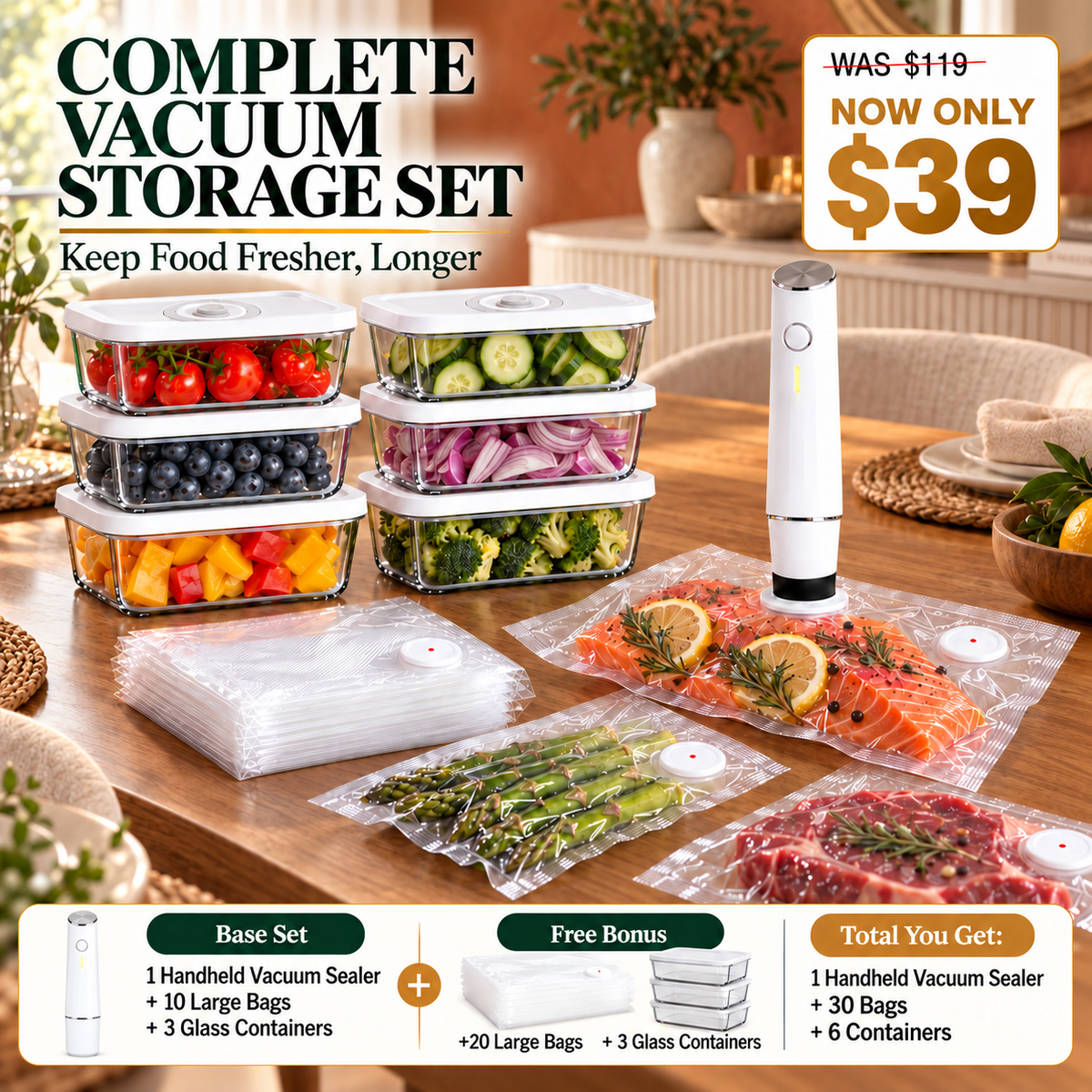 Portable Vacuum Food Sealer Bundle | Keeps Food Fresh 5x Longer