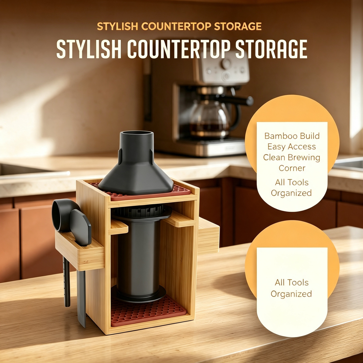 Bamboo Coffee Maker Organizer Stand
