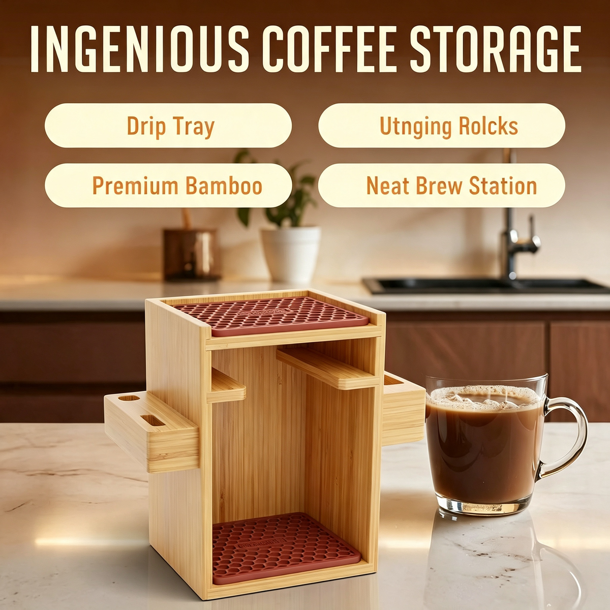 Bamboo Coffee Maker Organizer Stand