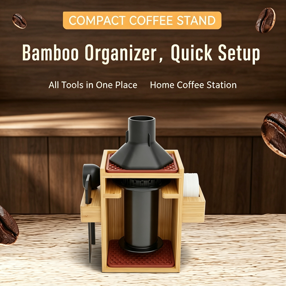 Bamboo Coffee Maker Organizer Stand