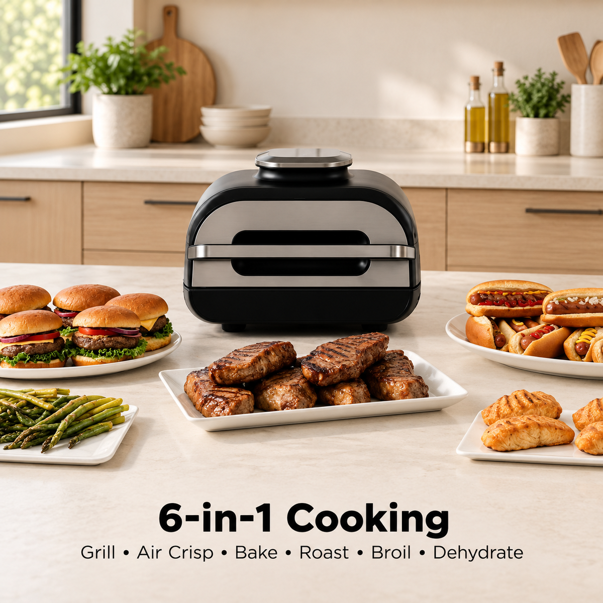 6-in-1 Indoor Electric Grill & Air Fryer with Smart Thermometer