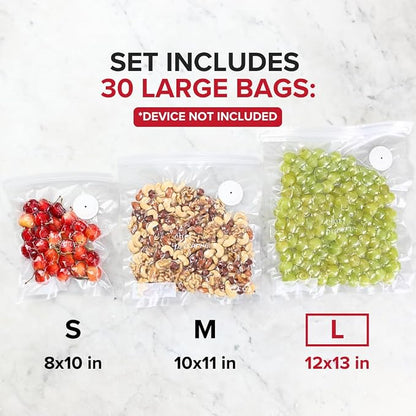 20-Pack Reusable Vacuum Food Bags (12x13") - BPA-Free, Leak-Proof, Freezer Safe